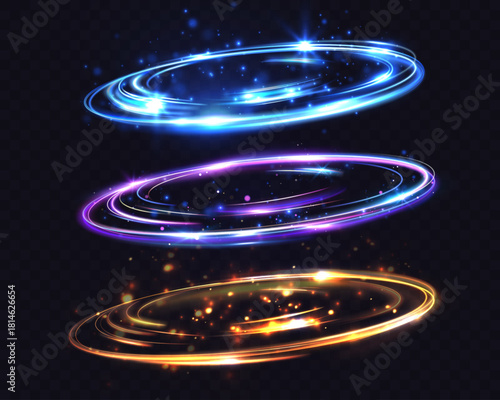 Lux glowing swirling energy rings in gold, purple and blue tones with sparkling particles, glossy neon highlights and dynamic radiant motion on dark transparent background.
