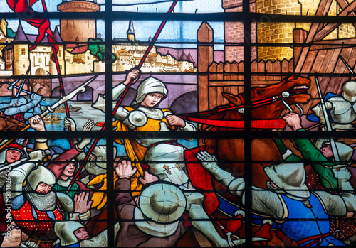 Stained glass (19th century) of Saint Joan of Arc. Saint of the Roman Catholic Church.