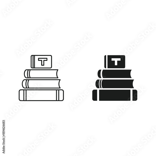 Two stacks of books one outlined and one solid black with a t symbol on top