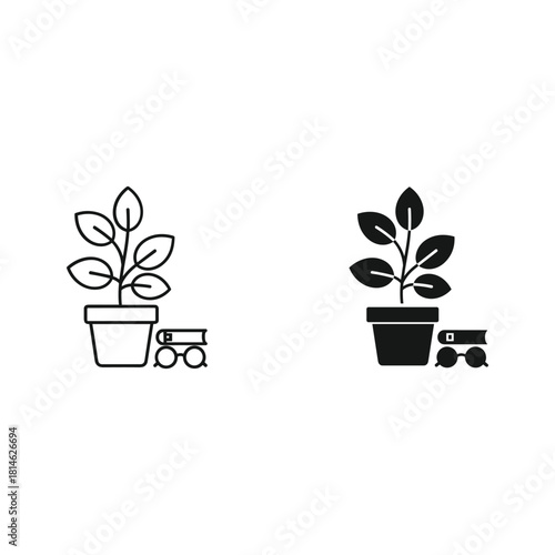 Two simple icons of a potted plant with leaves and a small watering can