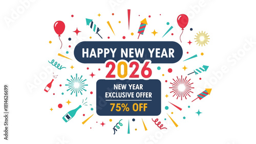 New Year's Offer: A vibrant promotional graphic that offers a special New Year's offer of 75% off. It's a colorful visual that is designed to capture attention and promote the offer.