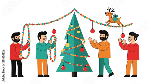 Festive Decoration: A team joyfully collaborates to adorn a towering pine with ornaments and garlands, a reindeer cheerfully overseeing the holiday preparation.