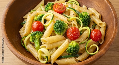 Penne pasta salad with fresh broccoli florets, cherry tomatoes, and spiralized zucchini ribbons served in a rustic wooden bowl.