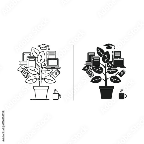 Growing tree of knowledge with books laptops graduation caps and coffee