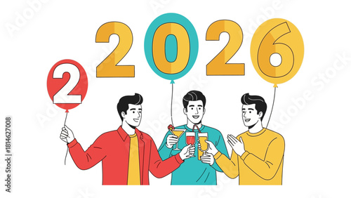 2026 Celebration: Three individuals gather, balloons aloft, toasting in anticipation of the year 2026, representing future milestones and celebratory events.
