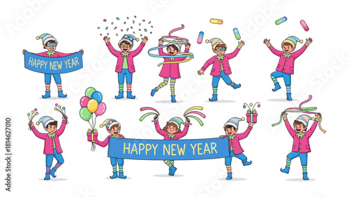 New Year Festivities: Festive figures revel in the spirit of a Happy New Year, holding banners, confetti, and ribbons, embodying the joy and anticipation of the occasion. 