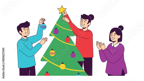 Festive moments decorating Christmas tree: friends decorating a Christmas tree with a star, capturing the joy of festive decoration