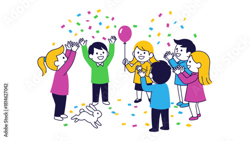 Joyful Gathering: A group of delighted children, gathered in a flurry of color and glee, celebrate with a cheerful pink balloon, confetti, and a friendly bunny in an atmosphere of pure delight.