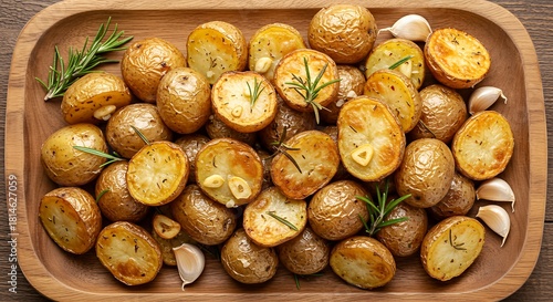 Close-up shot of roasted potatoes with rosemary and garlic on a wooden tray.
