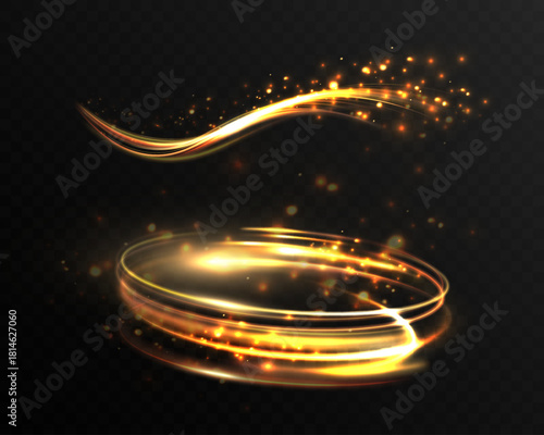 Lux golden swirling light ring with glossy radiant glow, sparkling particles and shimmering glam wave trail flowing across dark transparent background.
