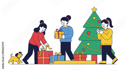 Joyful moments: A group of individuals is coming together to wrap gifts under the festive lights of a decorated evergreen tree, creating a heartwarming scene of generosity, care, and anticipation.