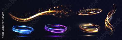 Lux neon light rings, swirling spiral waves and glossy energy trails in blue, purple and gold with sparkling particles and glamorous glowing effects on a dark transparent background.
