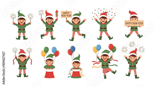 Holiday Cheer Elves Collection: A delightful compilation of cheerful elves, each embracing festive objects and spreading joy, celebrating New Year and special events. 