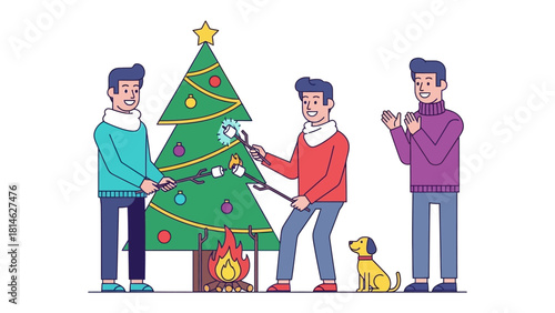 Joyful Holiday Gathering: Friends gather around a Christmas tree, roasting marshmallows over a crackling fire. capturing the spirit of togetherness and festive cheer.