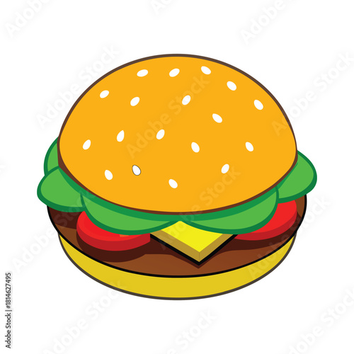 Deliciously Simple Burger: A mouthwatering, photorealistic illustration showcases a perfectly constructed burger with sesame-studded bun, fresh lettuce, a juicy tomato slice, melted cheese.
