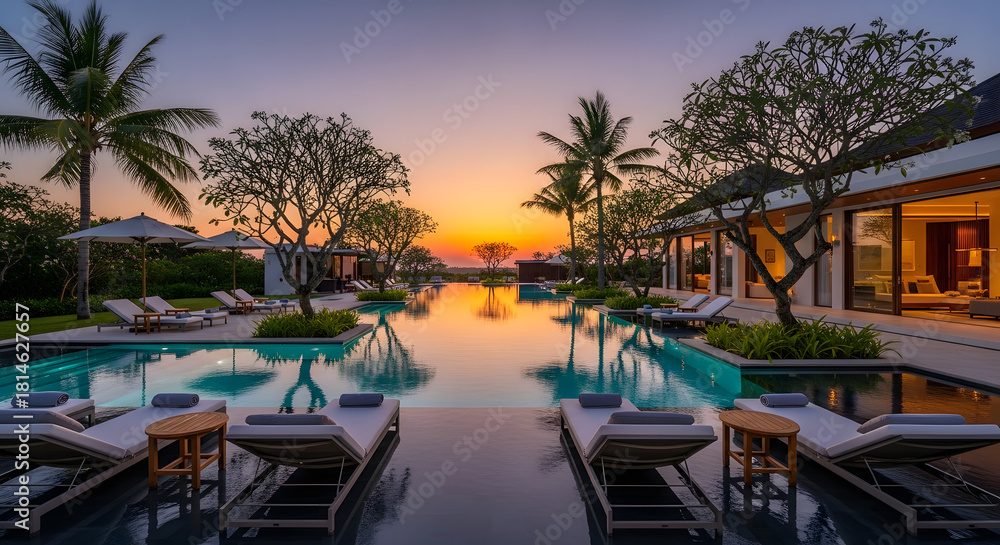 Fototapeta premium Serene Sunset Reflection Luxury Poolside Retreat with Palm Trees