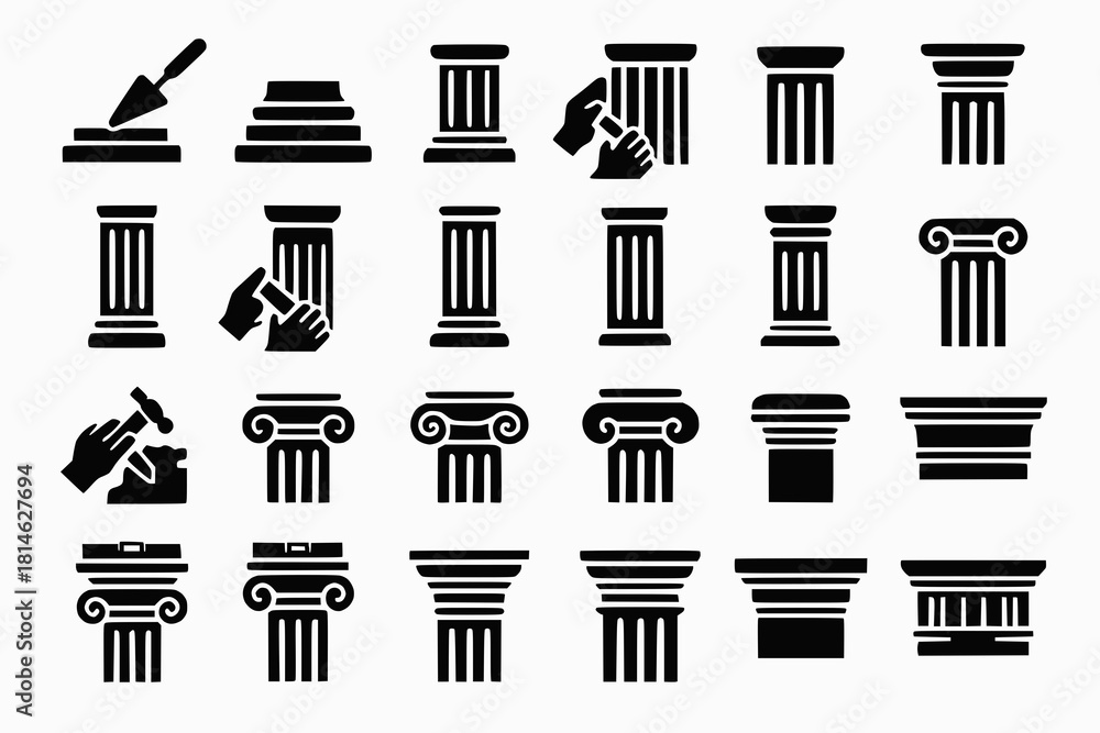 Fototapeta premium Architectural Column Icons Showing Base Molding Shaft Fluting Capital Carving and Entablature Alignment in Black Silhouettes on White Background