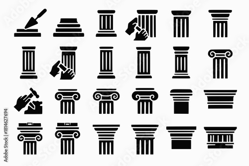 Architectural Column Icons Showing Base Molding Shaft Fluting Capital Carving and Entablature Alignment in Black Silhouettes on White Background