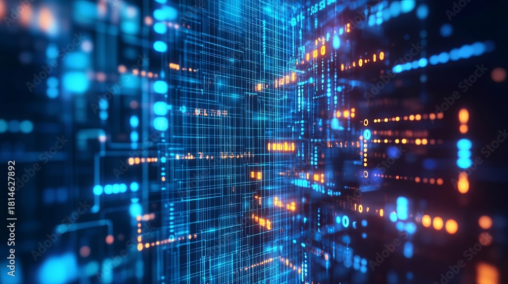 Fototapeta premium Dynamic digital grid with glowing nodes, perfect for modern technology and futuristic concepts, sparking innovation and connectivity in cyber space