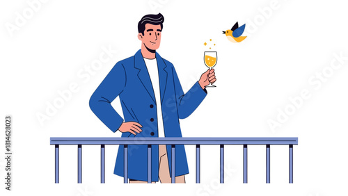 A Toast of Leisure: A sophisticated gentleman on a balcony enjoys a refreshing drink, as a symbol of tranquility, relaxation and serenity. 