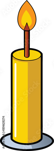 A bright yellow candle with a lit flame and a dark wick