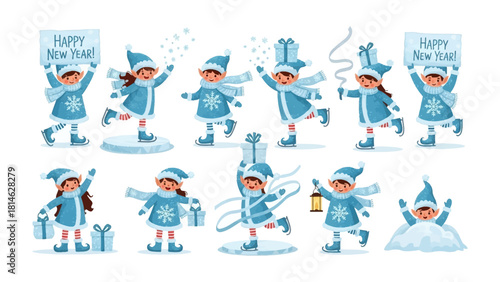 Holiday Elves Festive Array: A collection of delightful elf characters celebrates the New Year, offering gifts and spreading joy with vibrant attire and cheerful expressions.