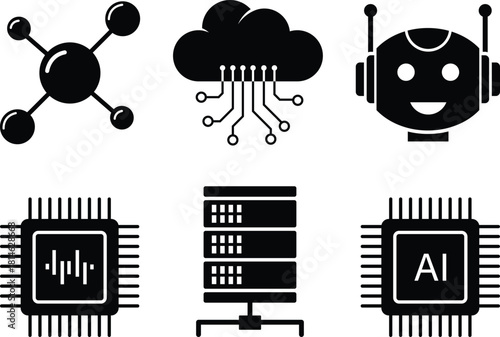 Artificial intelligence cloud computing technology server vector icon set