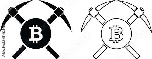 Bitcoin cryptocurrency mining symbol black and outline icon vector