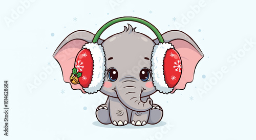 Adorable cartoon elephant wearing festive earmuffs, sitting and smiling happily in winter.