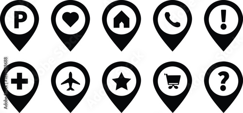 Black Map Location Pins Set Navigation and POI Symbols Vector 