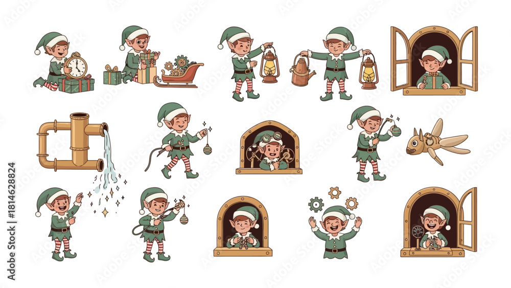 Naklejka premium Playful Elf Set: A charming set of elf illustrations, capturing the whimsical nature of holiday preparations and winter joy.