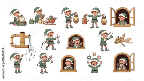 Playful Elf Set: A charming set of elf illustrations, capturing the whimsical nature of holiday preparations and winter joy.