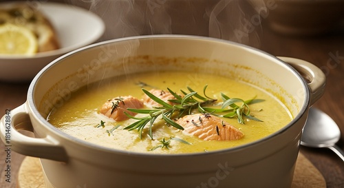 Steaming creamy salmon soup garnished with fresh rosemary in a rustic pot.