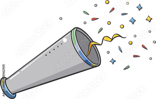 Party popper exploding with colorful confetti and streamers