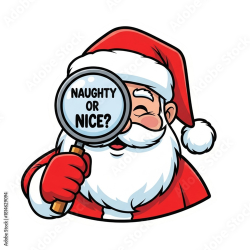 Santa Claus with Magnifying Glass: Naughty or Nice List, Christmas Holiday Cartoon Character, Festive Season, Xmas, Celebration, Vector Illustration