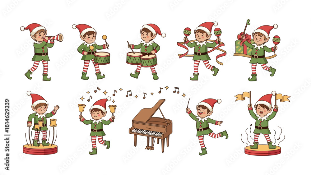 Obraz premium Merry Elf Orchestra: A whimsical collection of elf musicians, each joyfully playing a unique instrument against a festive backdrop, representing the spirit of the holiday season.
