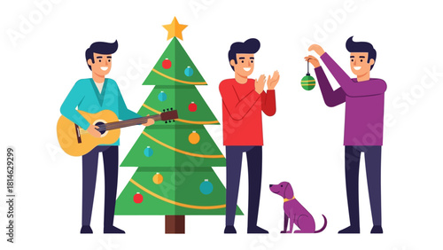 Festive Friends & Holiday Joy: Three friends celebrate the holiday season, complete with a decorated Christmas tree, a loyal dog, and an acoustic guitar. Evoking warmth, friendship.