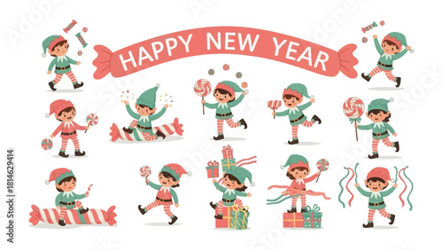 Festive Elves Greeting New Year: A delightful array of playful elves, adorned in vibrant festive attire, are joyfully celebrating the arrival of the New Year.
