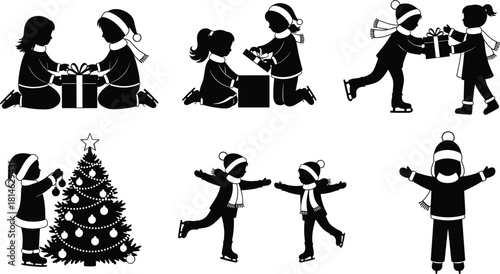 Children winter holiday activities silhouette set including ice skating, unwrapping gifts, decorating Christmas tree, and giving presents vector illustration graphic bundle