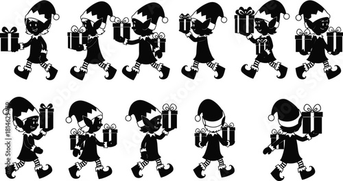 Christmas holiday season cheerful elf worker characters marching carrying wrapped present box silhouette vector illustration graphic design element for festive greeting card decoration