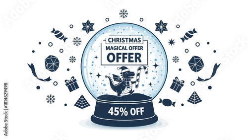 Christmas Magical Offer: An inviting festive advertisement with a whimsical snow globe, celebrating a magical offer with elements of Christmas, perfect for seasonal promotions.