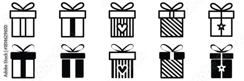 Present gift box icons. Black gift box and Surprise. Gift box icon set. Christmas gift icon. Box Tied with Ribbon and Decorated. Vector illustration
