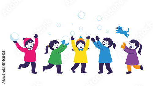 Winter Fun: Capturing the simple joy of winter, five children in colorful attire engage in a playful snowball fight. Bubbles of excitement fill the air.