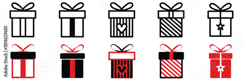 Gift boxes with ribbon icons. Set. Gift box icons in Trendy Flat style. Surprising gift boxes, Gift wrapping, Christmas box icon. Vector Illustration.