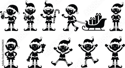 Diverse set of cheerful Christmas elf characters in various poses holding candy cane, ringing bell, pulling sleigh, and drinking soda silhouette vector illustration graphic