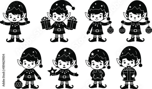 Cute Christmas Elf Silhouette Vector Illustration Set, Santa's Helper Character with Gifts, Ornaments, and Star in Various Poses, Black and White Holiday Graphic Design.