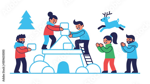 Snow Fort Fun: A group of friends collaborates on building a snow fort, creating a playful winter scene, encapsulating the delight of friendship and seasonal festivities. 