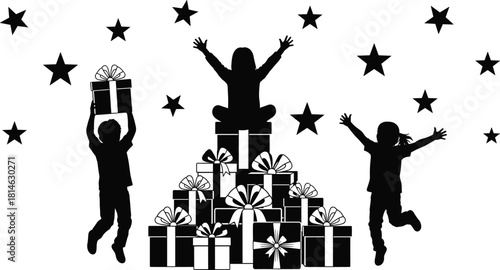 Joyful children celebrating a birthday or holiday, excitedly jumping around a huge pyramid pile of stacked gift boxes with ribbons, surrounded by festive stars in silhouette vector illustration.