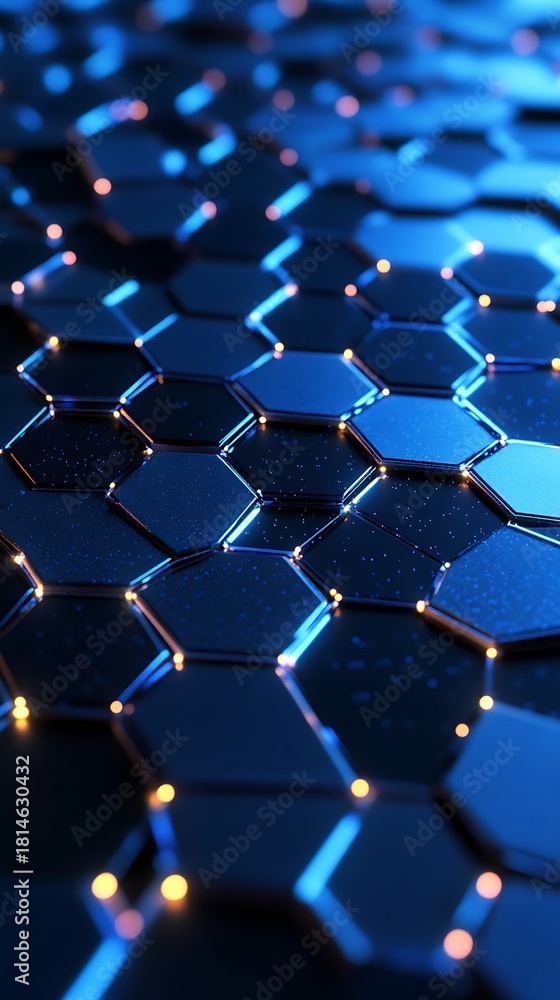 Fototapeta premium Interconnected blue hexagons sparkle with numerous vibrant orange and blue glowing points across a dark surface