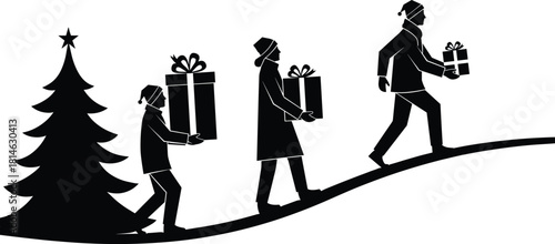 People Carrying Christmas Gifts Silhouette Vector Graphic, Walking Up Hill Towards Decorated Pine Tree, Group Bringing Presents, Festive Holiday Season Black and White Illustration.